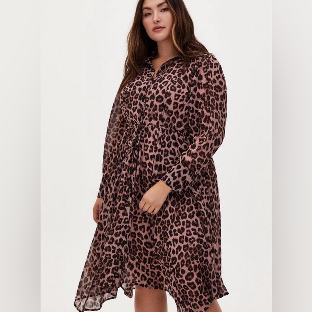 Torrid Leopard Print Chiffon Midi Dress Button Front Tie Waist Women’s 4XL XXXXL